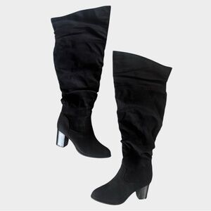 Journee extra wide calf knee high black faux suede heeled boots, size 11